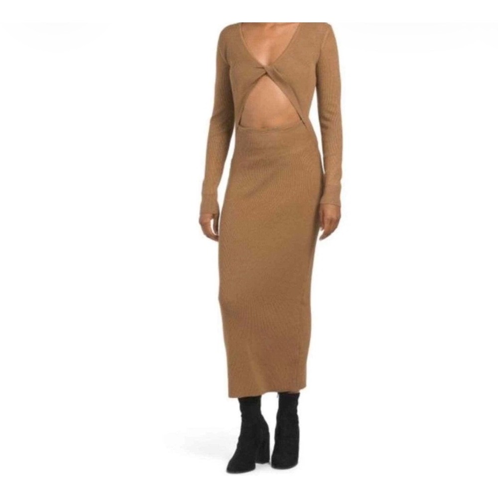 HOUSE OF HARLOW 1960 Twist Front Ribbed Knit Cutout Maxi Dress Camel Medium NWOT